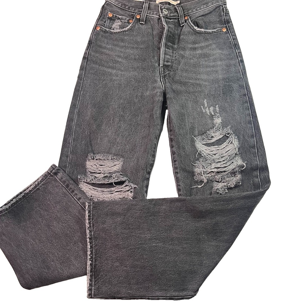Levi's Ribcage Premium Straight Ankle Button Fly High Rise Jeans Black 24x27 EUC